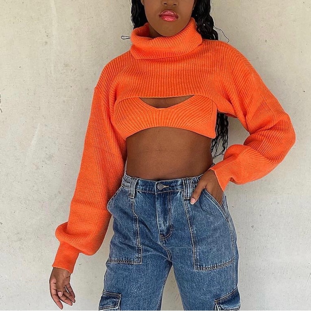 Orange two piece crop sweater with bolero